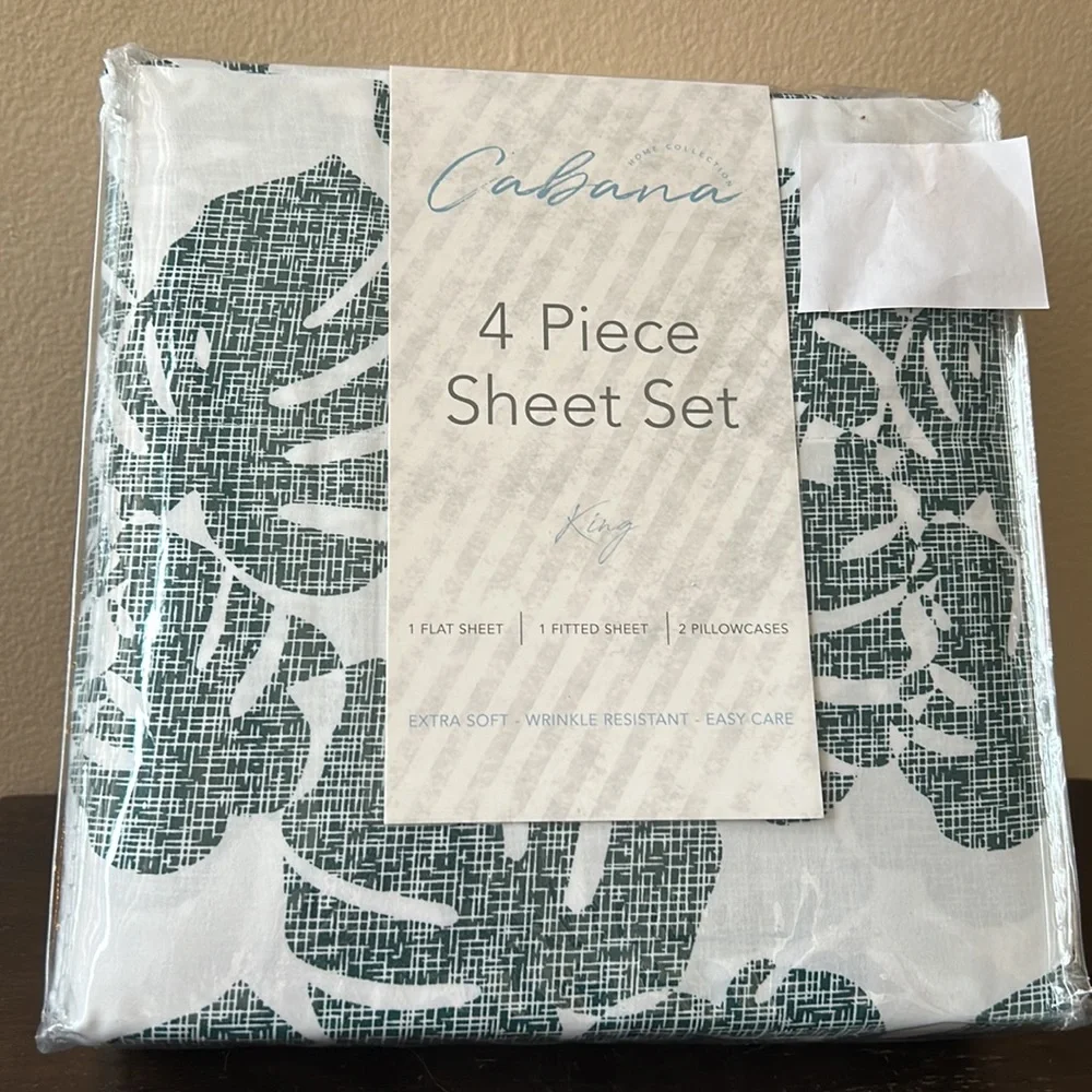 Cabana Home Collection 4PC King Sheet Set New Tropical Palm Fronds
